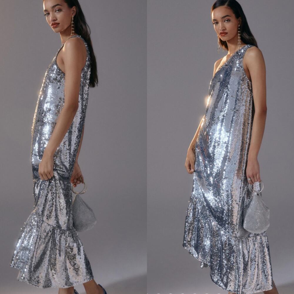 Anthropologie Silver Sequin Midi Dress